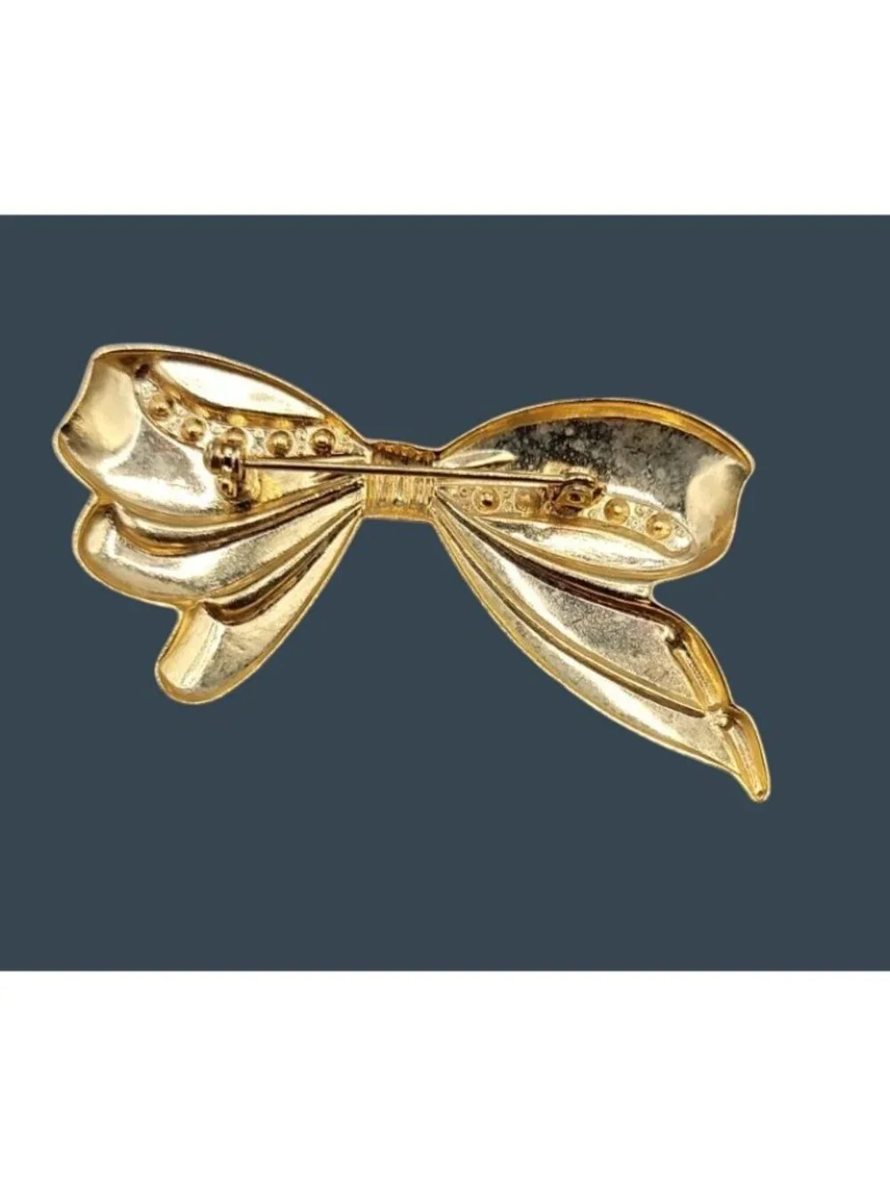 Vtg Rhinestone Stylized Bow Brooch Polished Gold Tone Retro Revival Tied Ribbon